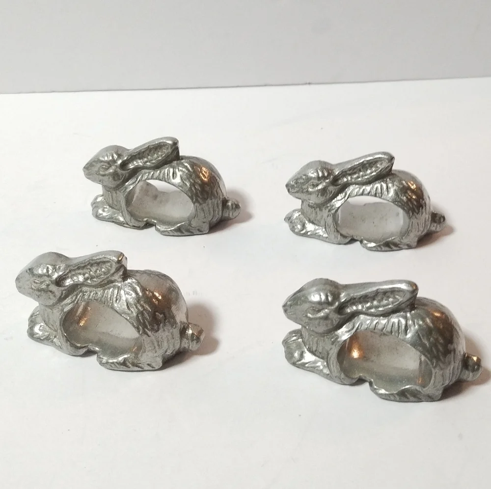 Lot of 4 Pewter Rabbit Napkin Ring Holders Set Vintage Napkin Rings